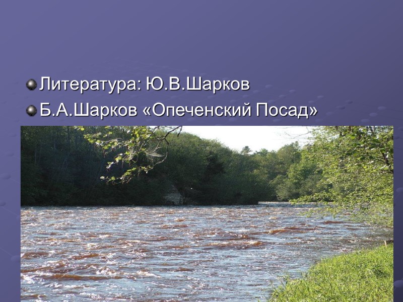 Литература: Ю.В.Шарков Б.А.Шарков «Опеченский Посад»